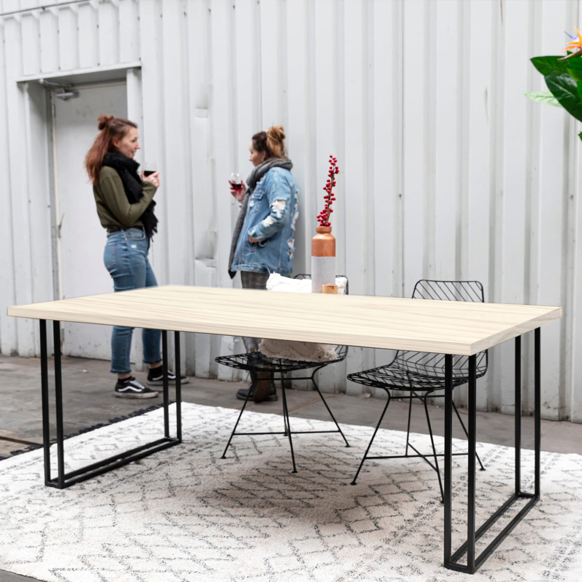 MESA DE COMEDOR DE FIERRO Y MADERA PINO DOBLE U